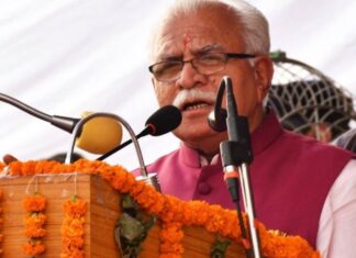 हरियाणा के मुख्यमंत्री मनोहर लाल 23 फरवरी 2020 को पलवल के हथीन शहर की अनाज मंडी में प्रगति रैली